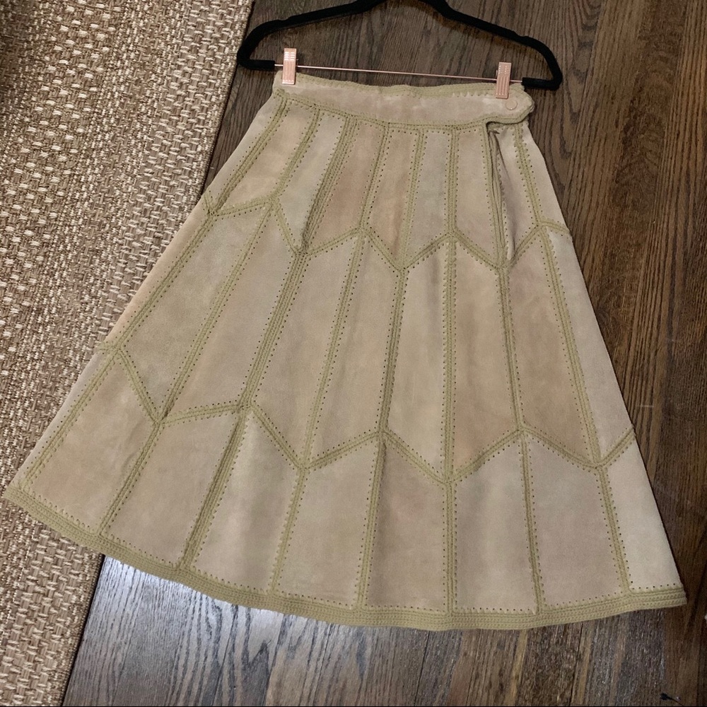 VTG 60's 70's Tan Suede Leather Midi Boho Skirt